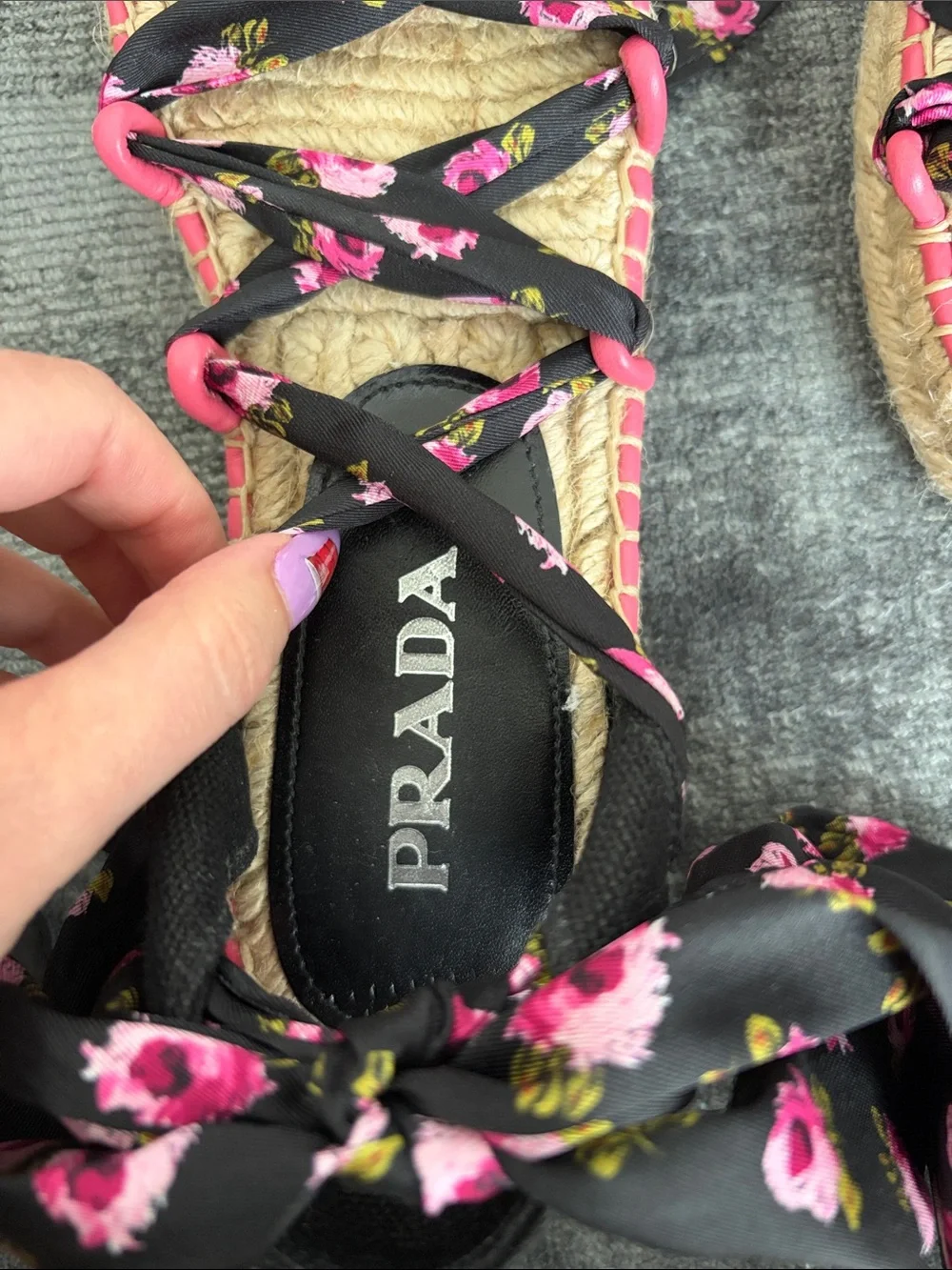 Prada Black Floral Ribbon Espadrille Sandals with Pink Accents